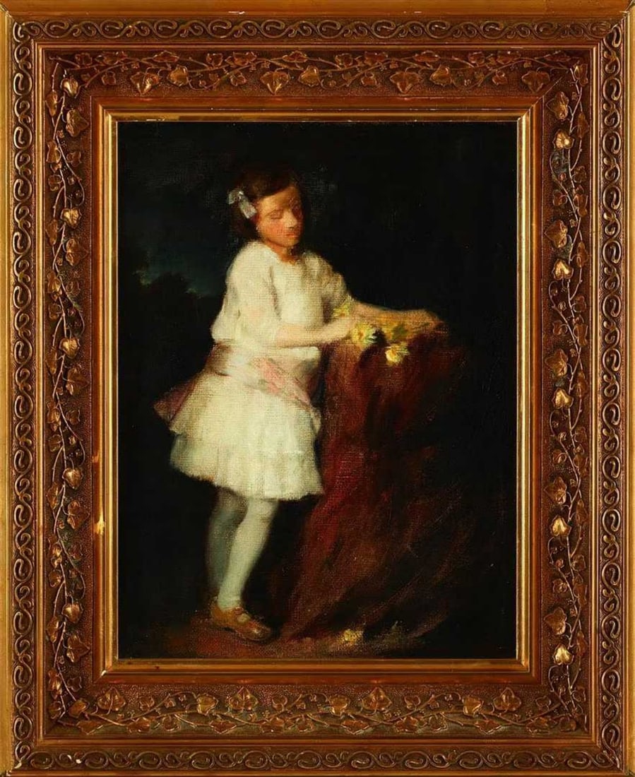 Late 19th Century, British Child Portrait Painting: Oil painting on canvas, framed with solid wood and gilded. The artwork depicts a young girl wearing a white dress, holding a bouquet of flowers, set against a dark background. The painting is in good 