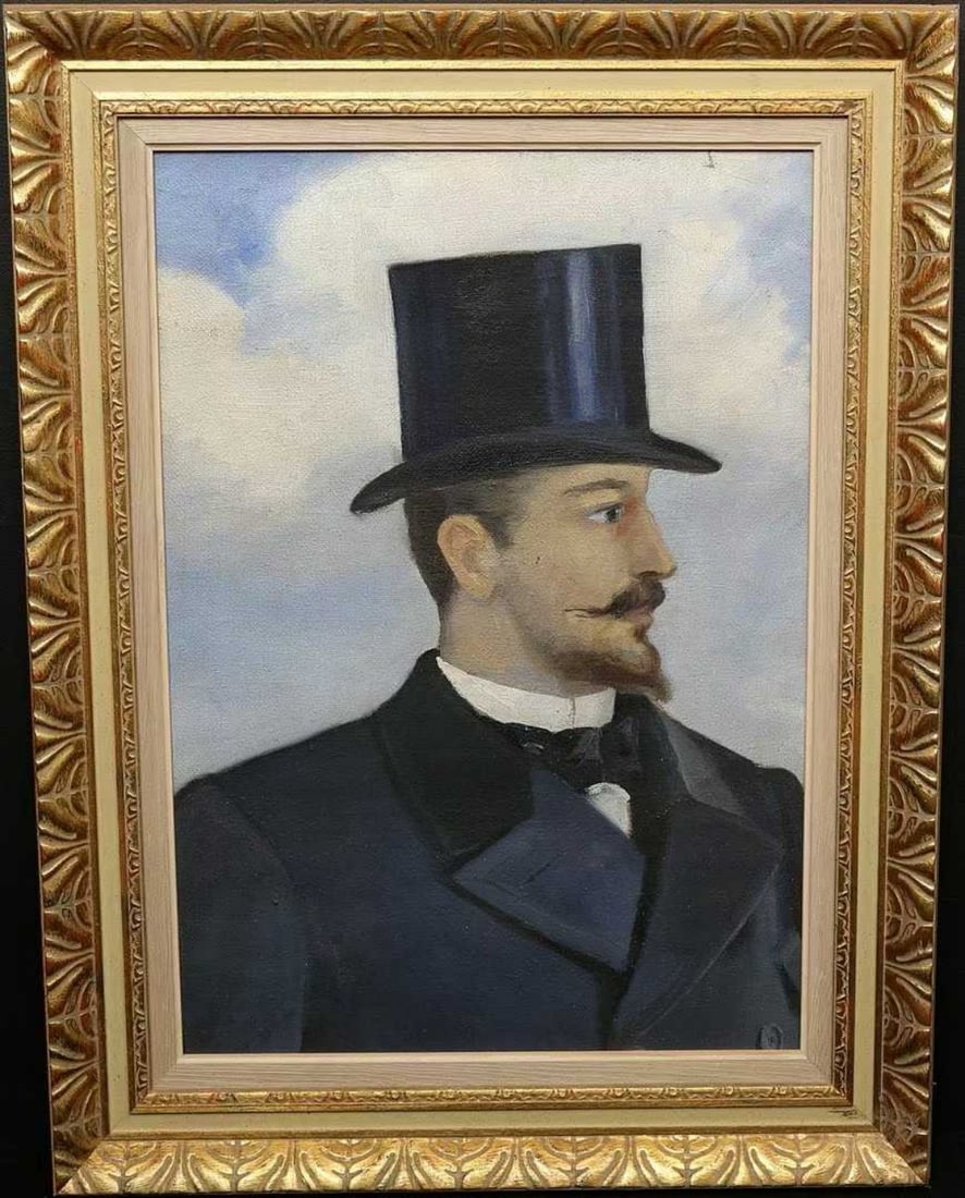 19th Century, Portrait Painting of a European Gentleman: Oil painting on canvas, framed in solid wood. The artwork depicts a portrait of a gentleman in a tuxedo and top hat, shown in profile, with rich details and a subdued color palette. Overall in good co