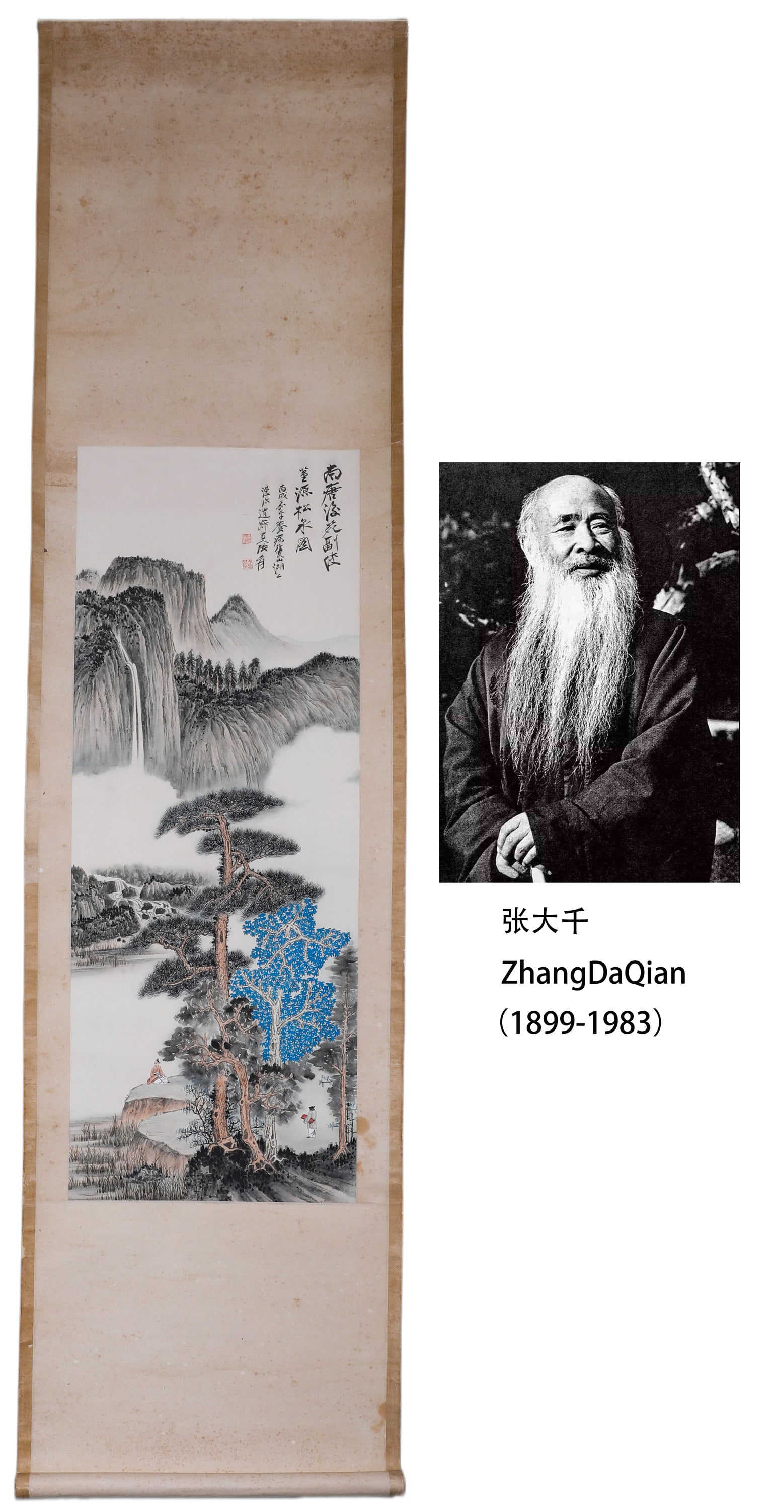 Zhang Daqian Landscape Painting Vertical Scroll: Dong Yuan's Pine and Water by Zhang Daqian, painted with blue-green colors depicting high mountains, waterfalls, pines, and traveling figures, features delicate and elegant brushwork. It is a represen