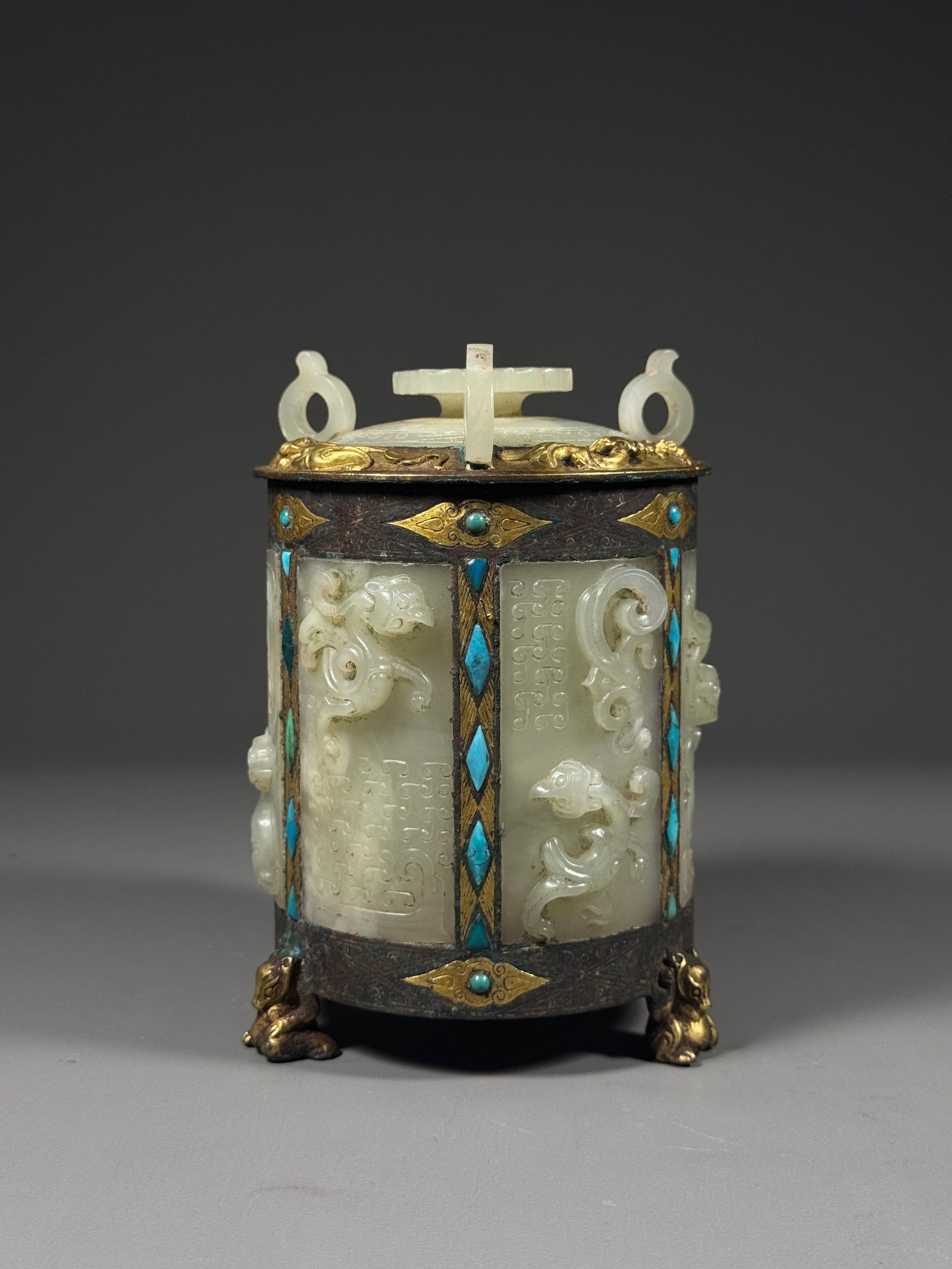 Han Dynasty, Bronze Gilded with White Jade Auspicious Beast Pattern Cylindrical Vase (1 of 13)