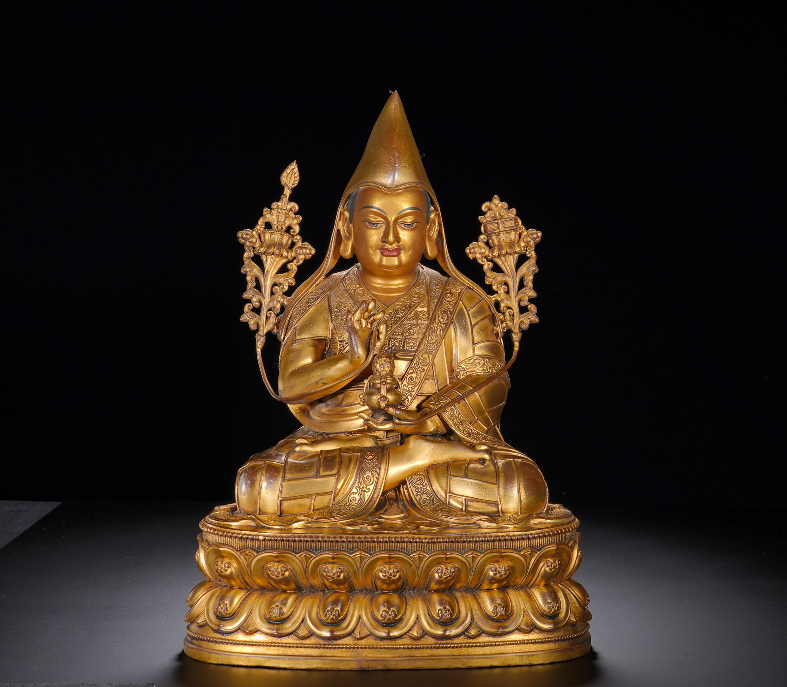 Qing Dynasty, Gilded Bronze Statue of Master Tsongkhapa: A gilt-bronze seated statue of Master Tsongkhapa from the Qianlong reign of the Qing Dynasty, with an inscription carved on the base: Brought from Rehe on the twenty-sixth day of the eighth month, the