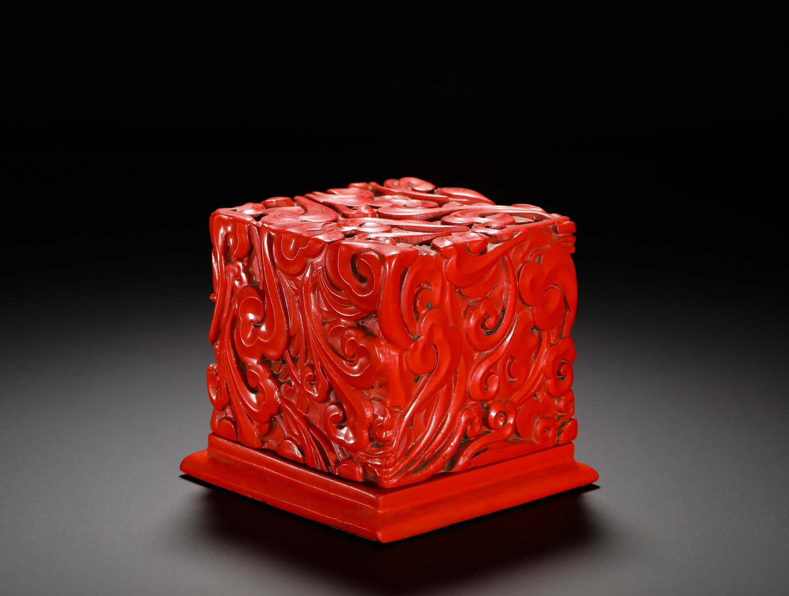 Qing Dynasty, Red Lacquered Perforated Cloud Pattern Square Seal Box (1 of 11)