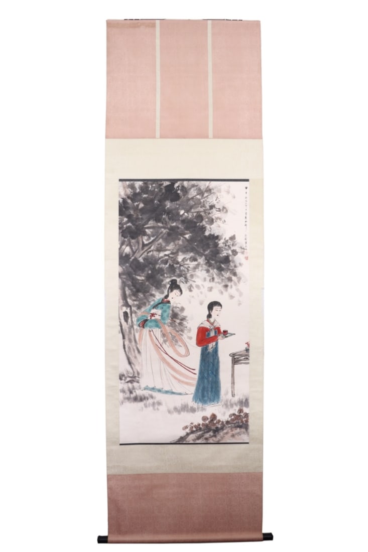 Fu Baoshi (1904-1965) "Ear with Affection": Vertical scroll, ink and color on paper, by Fu Baoshi.Dated 1944, executed during his famous Jin Gang Po creative period in Chongqing. Features two ancient-style ladies under large trees. Background r
