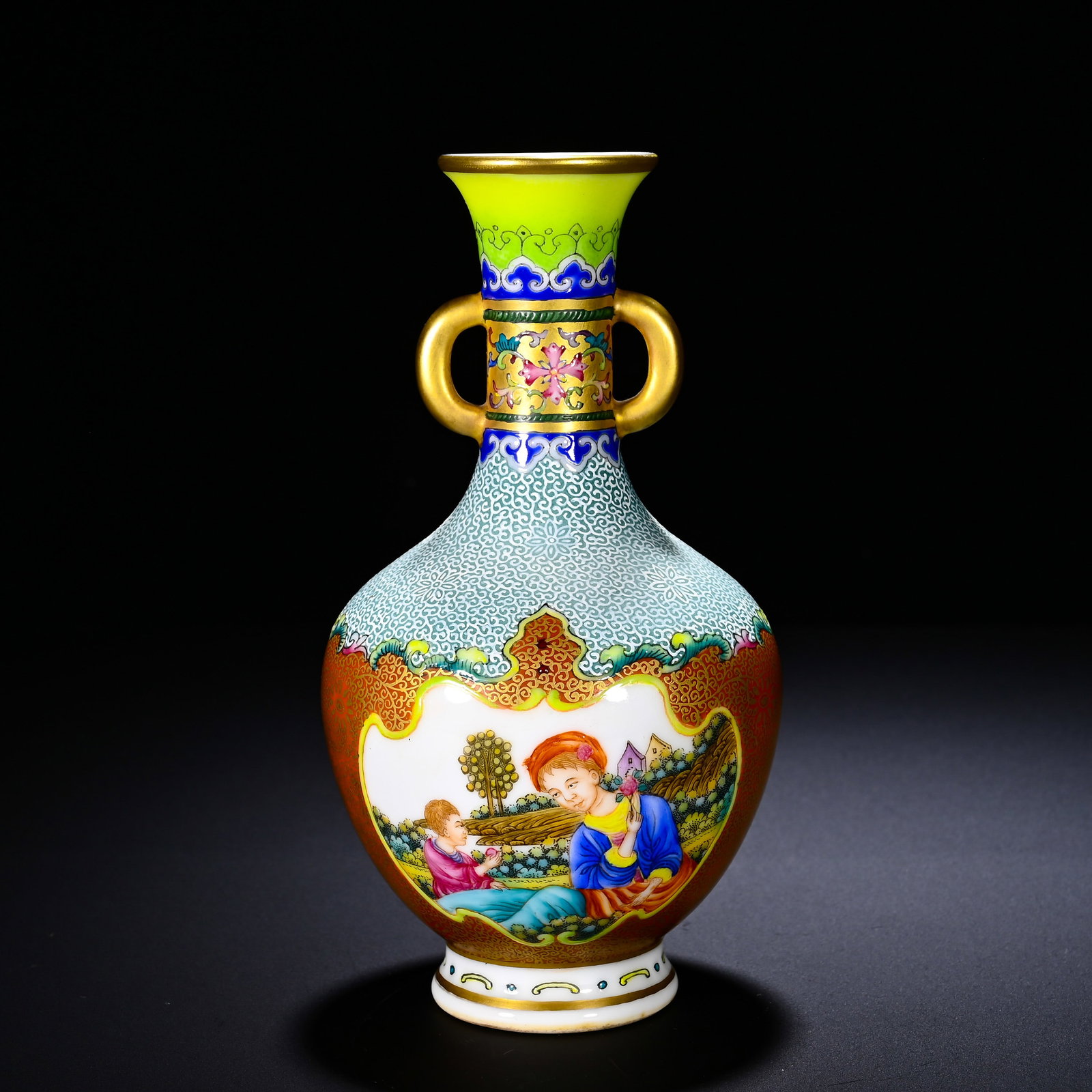 Qing Dynasty, Qianlong Enamel Gilding and Opening Western Figure Double-Eared Bottle (1 of 6)