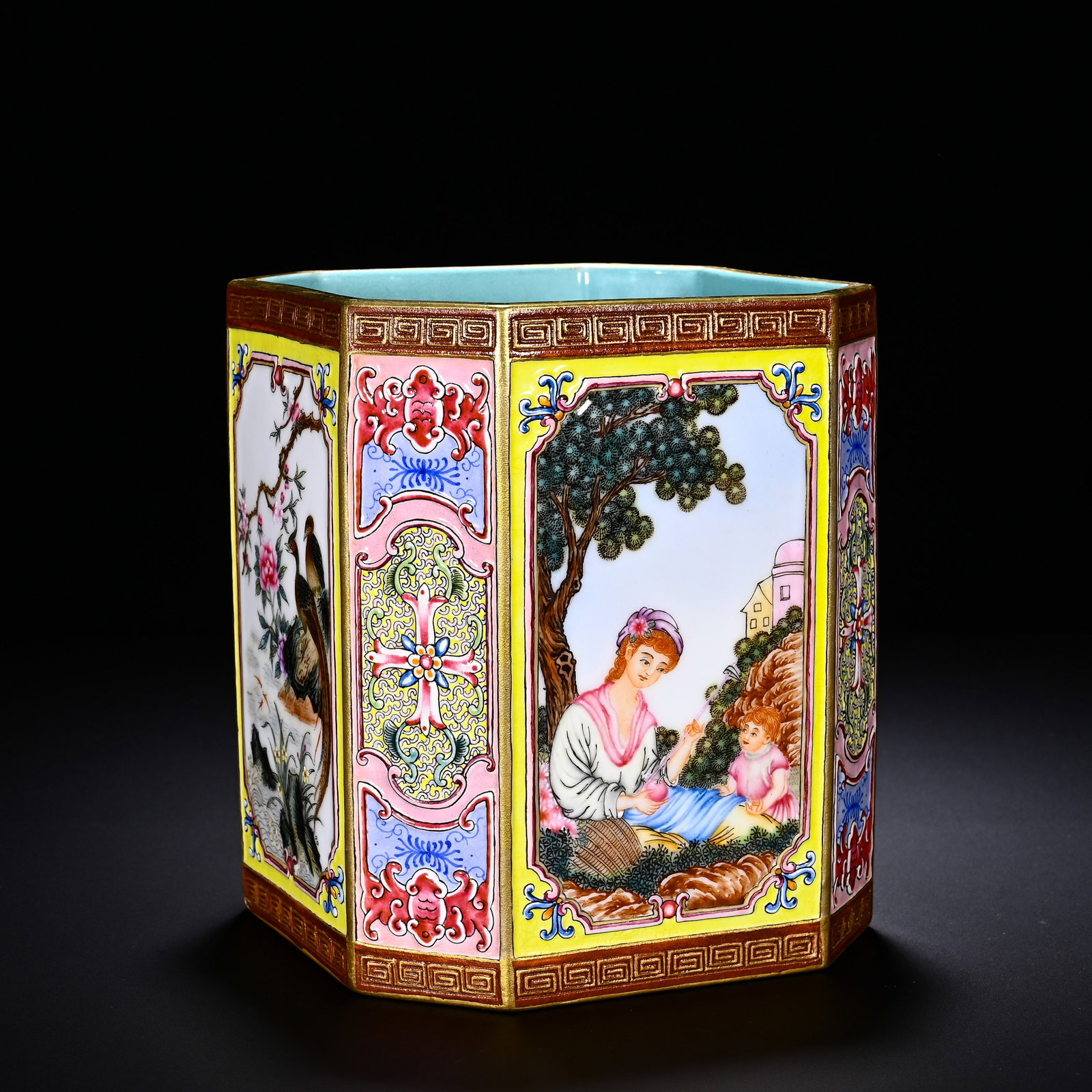 Qing Dynasty, Qianlong Period, Pastel Open Western Figure, Flower and Bird Pattern Octagonal Brush: Octagonal brush pot with gilded rim and foot edge, interior covered in turquoise-green glaze. Its eight facets are decorated alternately with famille-rose cartouches. One panel depicts western mother-