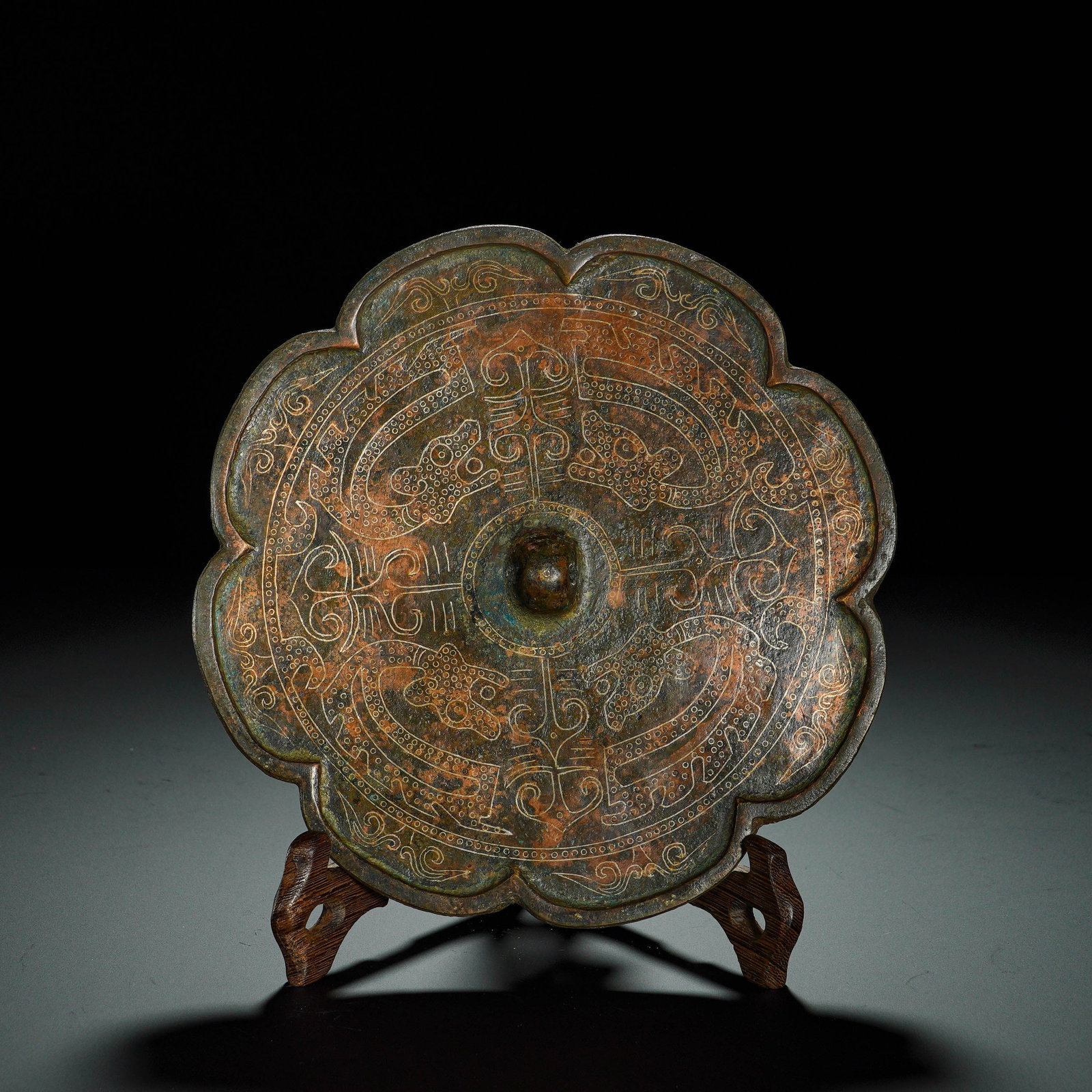 Tang Dynasty, Bronze Silver Mirror with Painted Flower-Rimmed Dragon and Phoenix Patterns (1 of 7)