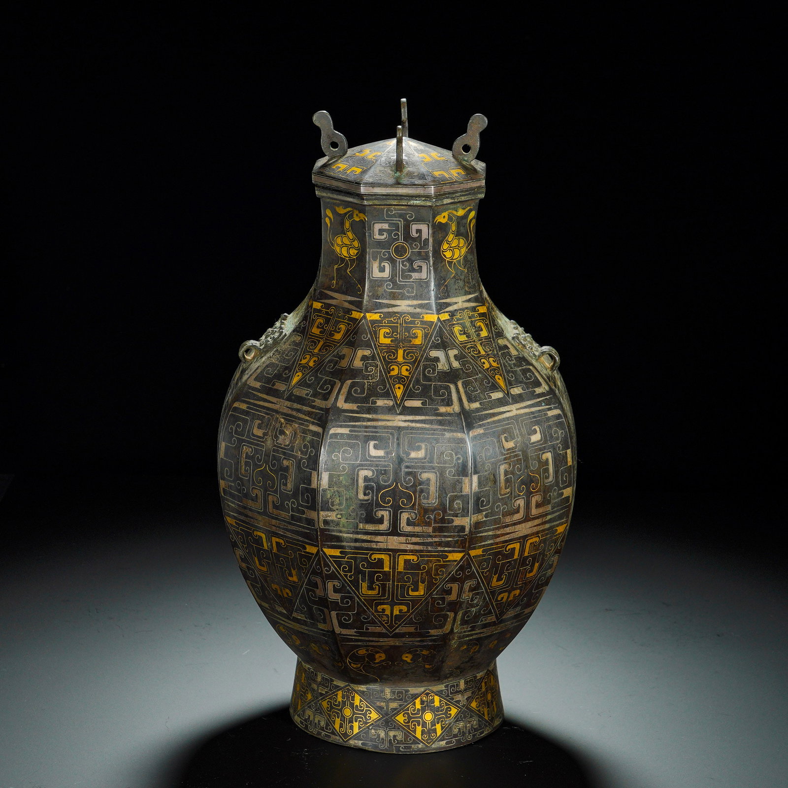 Han Dynasty, Bronze Inlaid Gold and Silver Octagonal Pot (1 of 8)