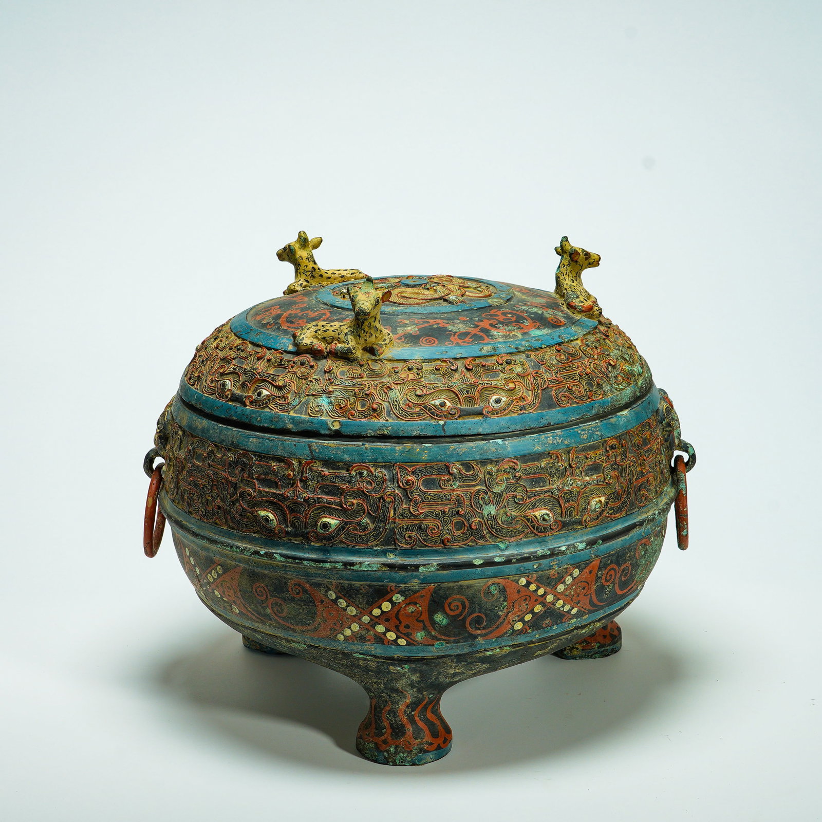 Warring States Period, Bronze Painted with Coiled Snake Pattern, Three-Deer Knob, Three-Legged (1 of 10)
