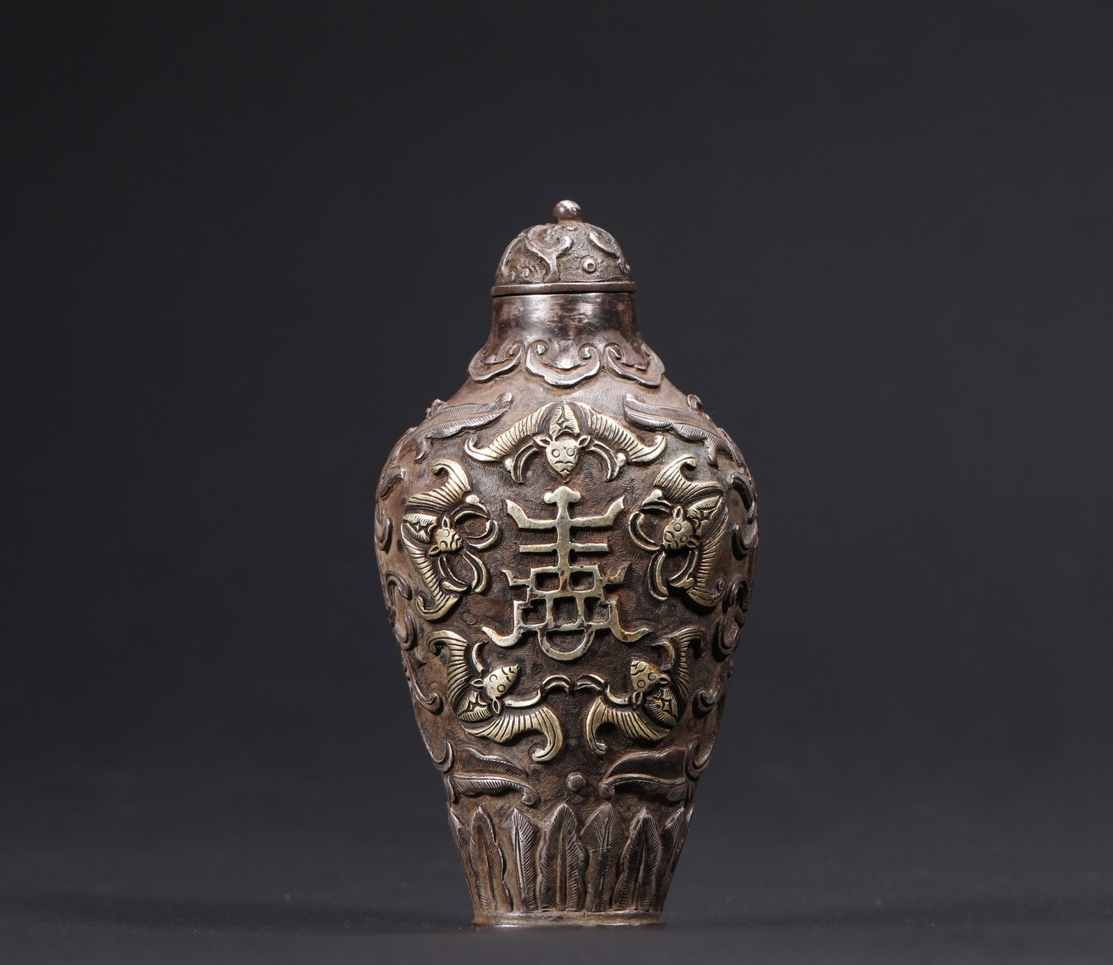 Qing Dynasty, Silver Fushou Pattern Snuff Pot (1 of 6)