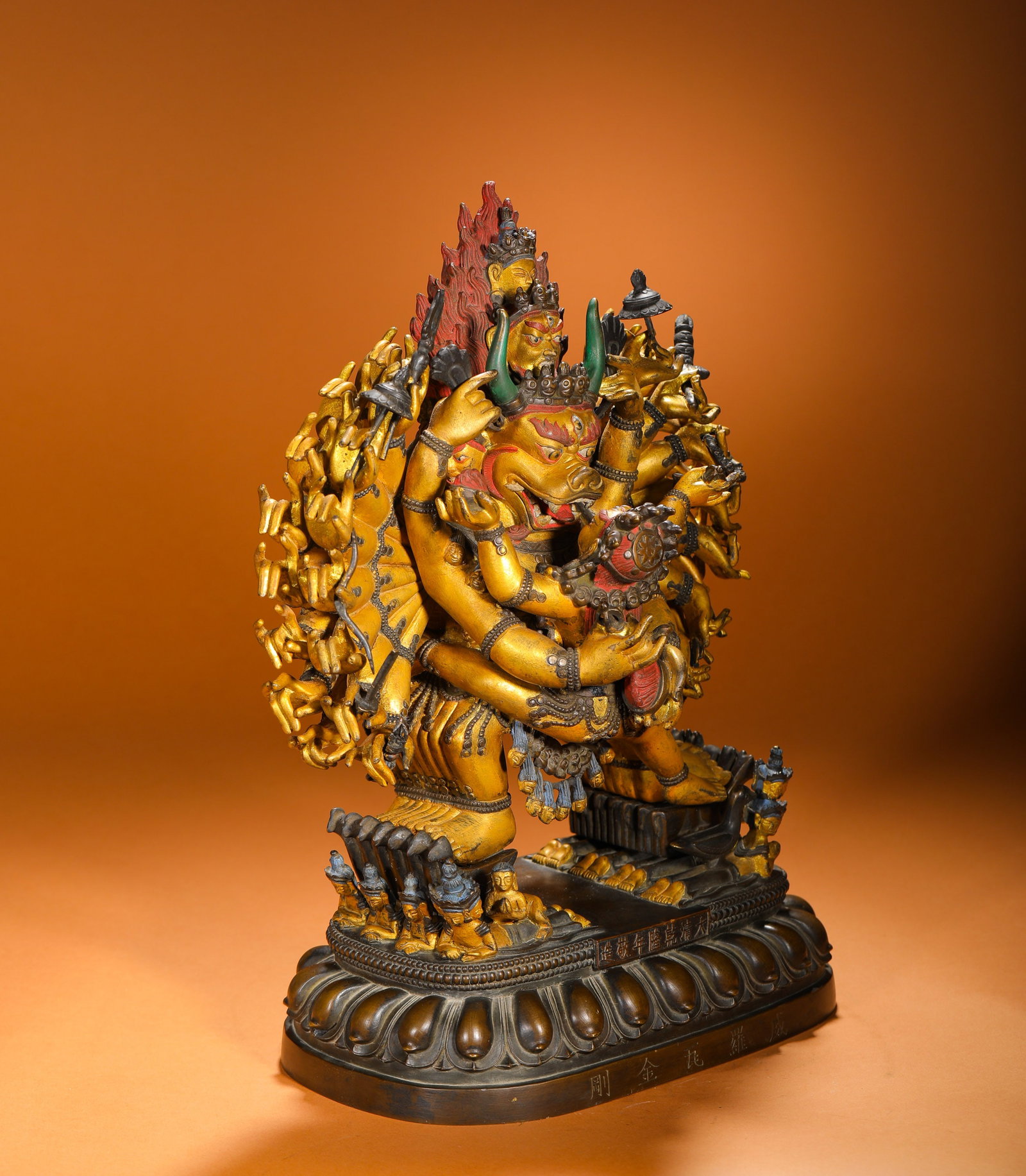 Bronze Gilded Double-Body Vajra from the 44th Year of the Qianlong Reign: Qing Qianlong 44th year gilt copper Heruka Yama Dharmaraja (Yamantaka) statue, inscribed imperial palace mark dated 1779, transported from Rehe Imperial Summer Palace.Cast from fine bronze with extens