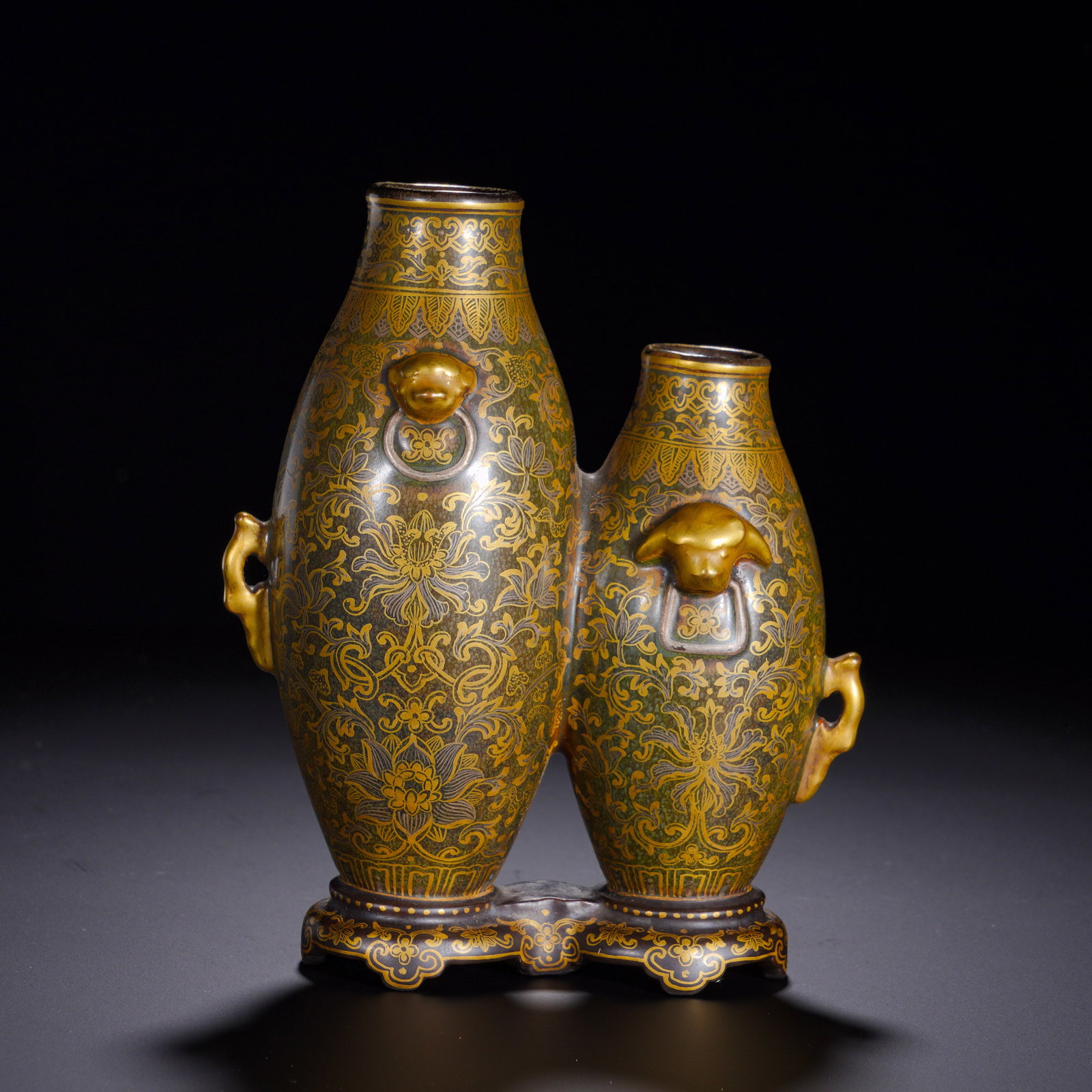 Qing Dynasty, Qianlong Period, Tea Powder Glaze Gilded Lotus Pattern Double Connected Vase: A magnificent imperial-ware decorative vessel of Qianlong reign. Two vases conjoined together with integrated base, ingenious composite form. Coated overall with classic tea-dust glaze of sombre antiq