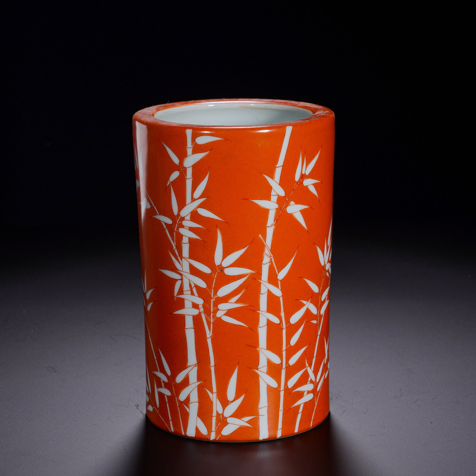 Qing Dynasty, Yongzheng Period, Coral Red Ground with White Bamboo Pattern Brush Pot (1 of 6)