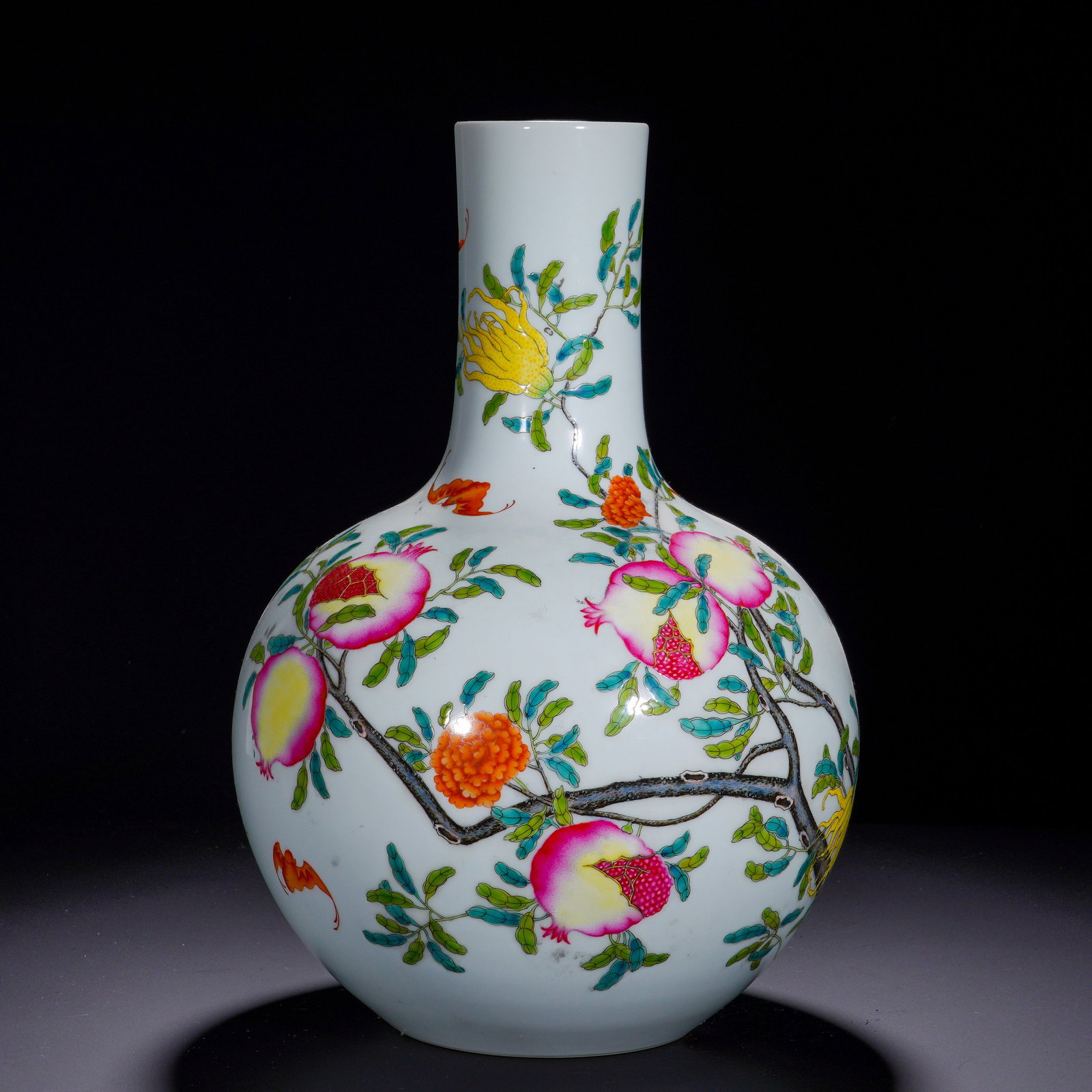 Yongzheng Pastel Three-Patterned Celestial Globe Vase: A classic imperial display vase of Yongzheng reign. Straight mouth, long neck and large rounded globular body. Painted in famille-rose enamels on white glaze ground with the "Three Abundances" theme: 