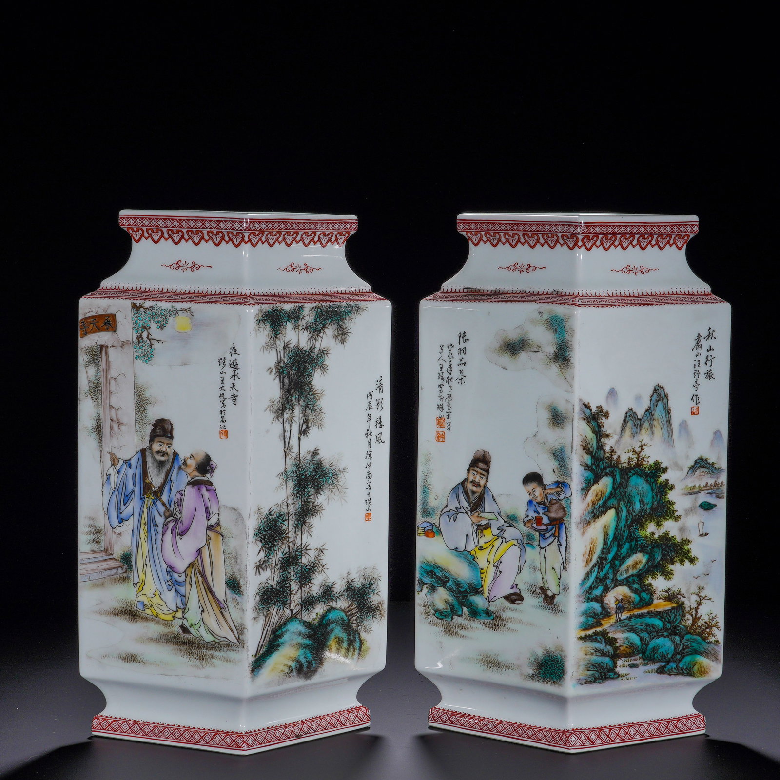 Republic of China, Pair of Square Vases in Pastel Colors of Landscape, Figure, Poetry and Prose Era: A matched pair of square vases with squared flared rim, straight rectangular body and square foot. Rim and foot are decorated with iron-red geometric key-fret borders. Four sides are painted with lite