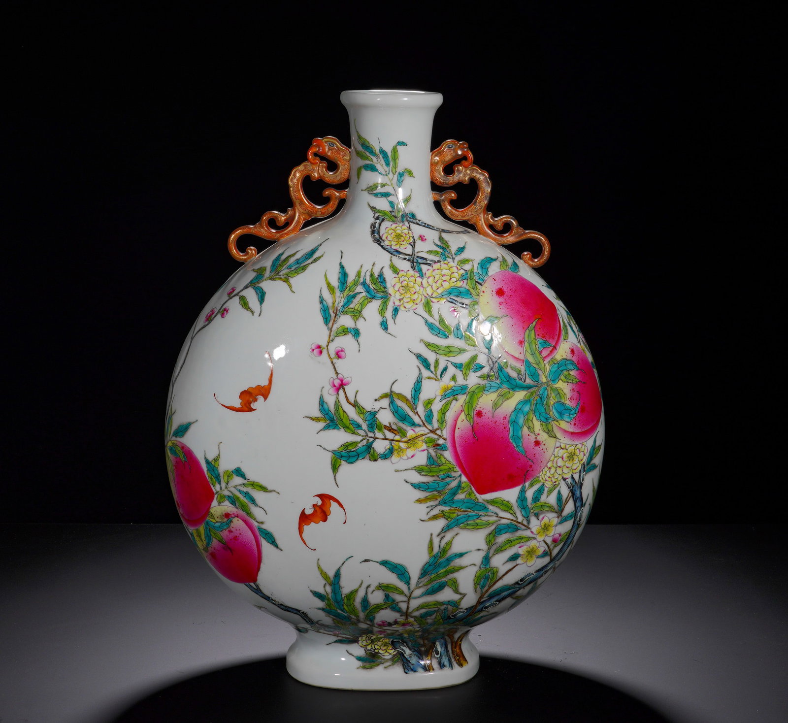 Qing Dynasty, Qianlong Style, Pair of Flat Vases with Longevity and Happiness Pattern and: A classic imperial moon-shaped vase of Qianlong reign. Small mouth, short neck, large flattened globular body and oval foot. A pair of gilded chilong dragon handles attach to both sides of neck. Paint
