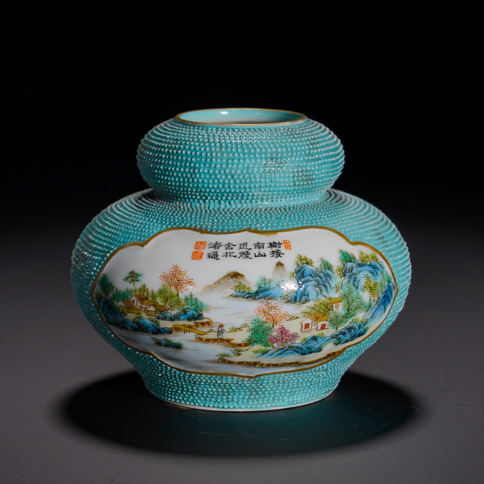 Qing Dynasty, Qianlong Period, Turquoise Green Pearl Ground Pastel Polished Landscape Poetry: Gourd-shaped jar fully covered with dense turquoise pearl-beaded ground, a technically demanding craft. Two gilded begonia-shaped reserved panels are painted with famille-rose blue-green landscape,