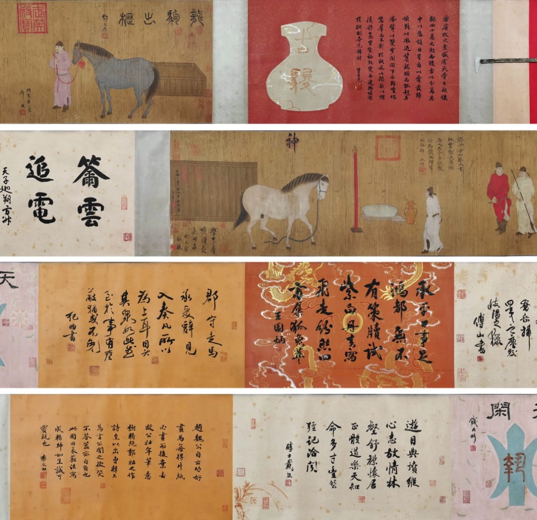 Yuan Dynasty, Zhao Mengfu (1254-1322), Dragon Steed, Silk Handscroll: Color handscroll of figures and horses on silk, painted with iron line drawing and light color wash. The costumes and horse fittings show features of Yuan equestrian painting, with colophons and seals