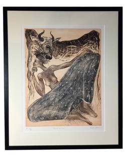 "“Longing for the Taurus” – Lithograph by Tomás Pineda MatusMystical and: "&#8220;Longing for the Taurus&#8221; &#8211; Lithograph by Tom&#225;s Pineda MatusMystical and symbolic, Longing for the Taurus by Tom&#225;s Pineda Matus is a lithograph that blends cosmic elements