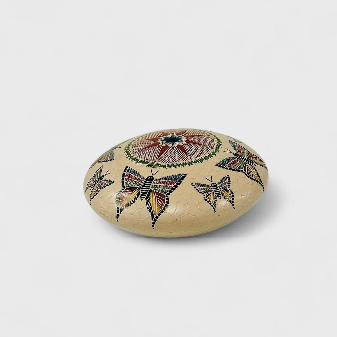 "Wings of Color" Hand-coiled and painted Bowl: Oscar Ramirez Wings of Color Bowl3.2" (h) x 4" (l) x 4" (w)1 lbs. Hand-coiled and painted cermaics. polychrome butterfly designs with central compass motif. Signed. A masterclass in symmetry, color, a