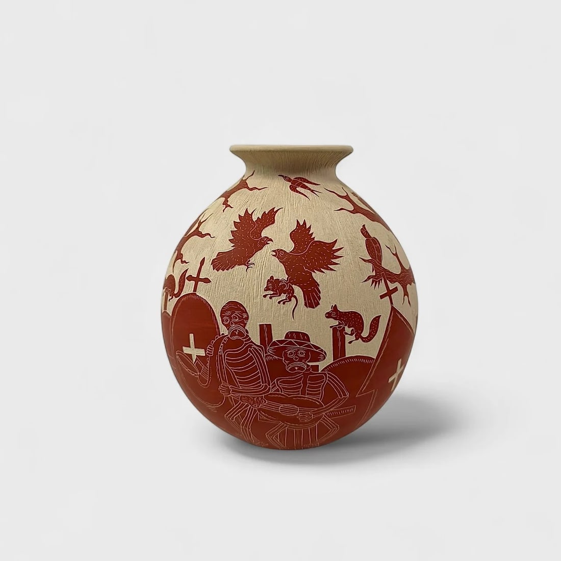"Songs from the Grave" Hand-formed Cermaic Vase: Angel Guerrero TrilloSongs from the Grave 7.5" (h) x 6.5" (w)1.8 lbs. Hand-coiled clay, sgraffito engraving in natural and terracotta tones. Signed. Songs from the Grave by ?ngel Guerrero Trillo is a 