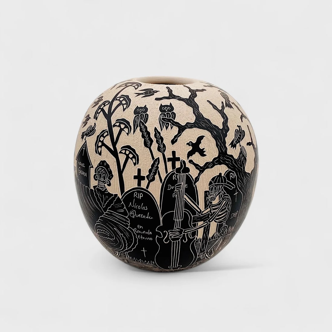 "Eternal Requim" Hand-formed Cermaic Vase: Hilario Quezada Eternal Requim Vase5" (h) x 4.5" (w)1 lbs. Hand-formed ceramic with etched black matte finish, sgraffito technique. Signed. Eternal Requiem Vase by Hilario Quezada transforms the solem