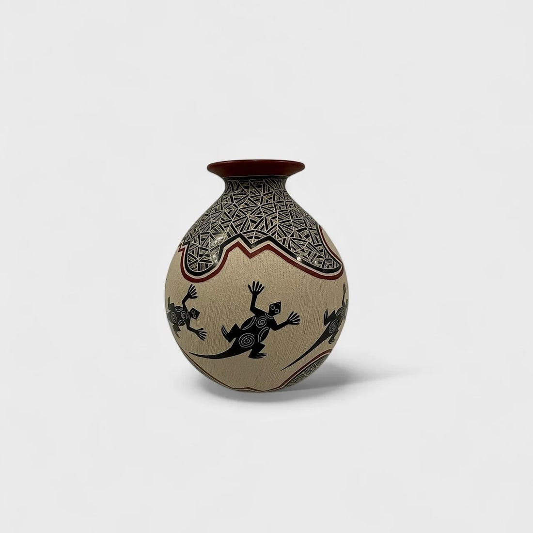 "Green Lizards" Hand-coiled Clay Vase: Octavio SilveriaGreen Lizards Collection7.5" (h) x 6.5" (w)1.8 lbs.Hand-coiled clay with sgraffito and painted design, geometric patternwork, stylized motifs in neutral, green, and black tones. Signed