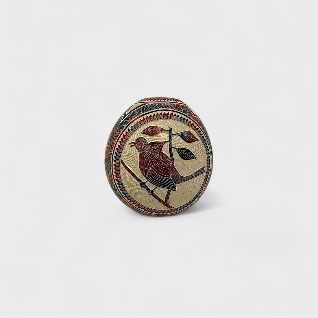 "Songbird Keepsake" Hand-coiled Clay Vase: Jesus Olivas Quintana Songbird KeepsakeMeasurements not Specified. Weight not Specified. Hand-coiled clay, engraved and hand-painted designs in natural tones. Signed. Delicate and full of personality,
