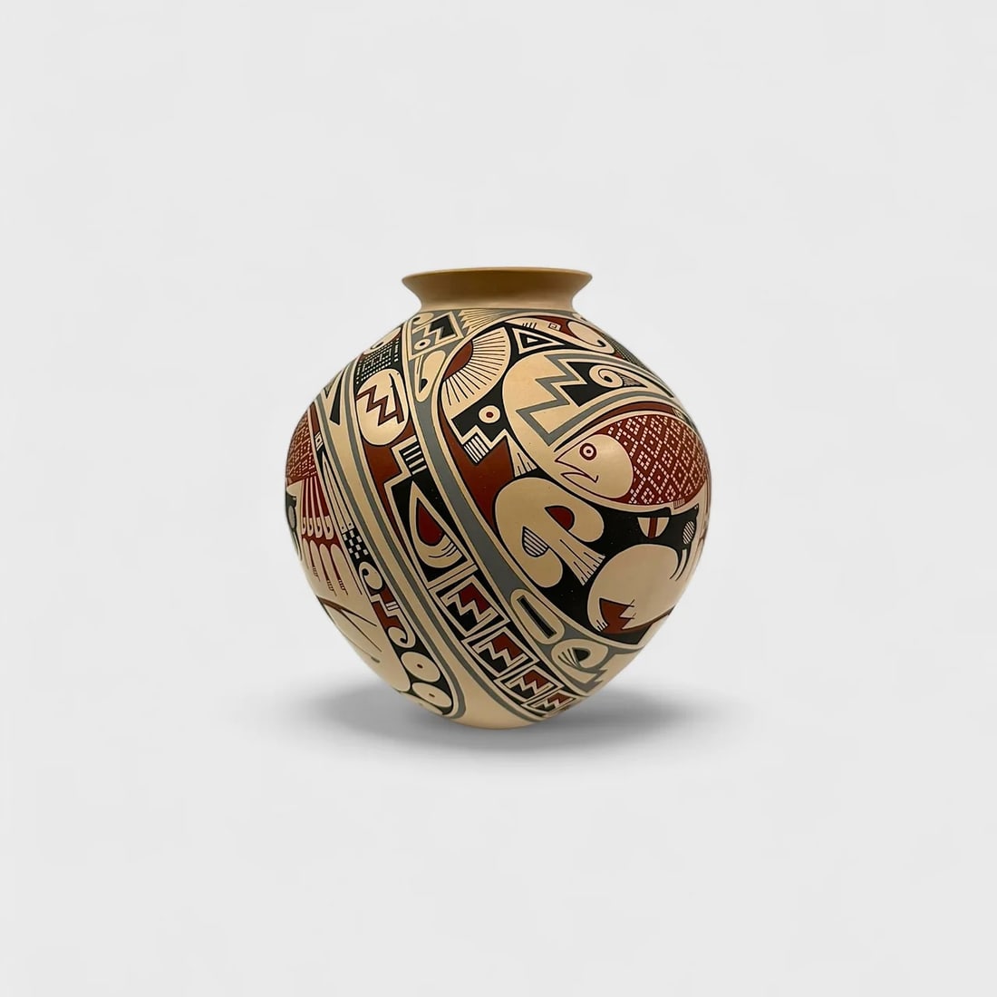 "Harmony of Forms" Hand-coiled Ceramic Vase: Rodrigo Perez Harmony of Forms11" (h) x 9" (w) 3.2 lbs. Hand-coiled ceramic, painted with symbolic motifs and geometric designs in red, black, and grey over beige. Signed. A sophisticated dance of sym