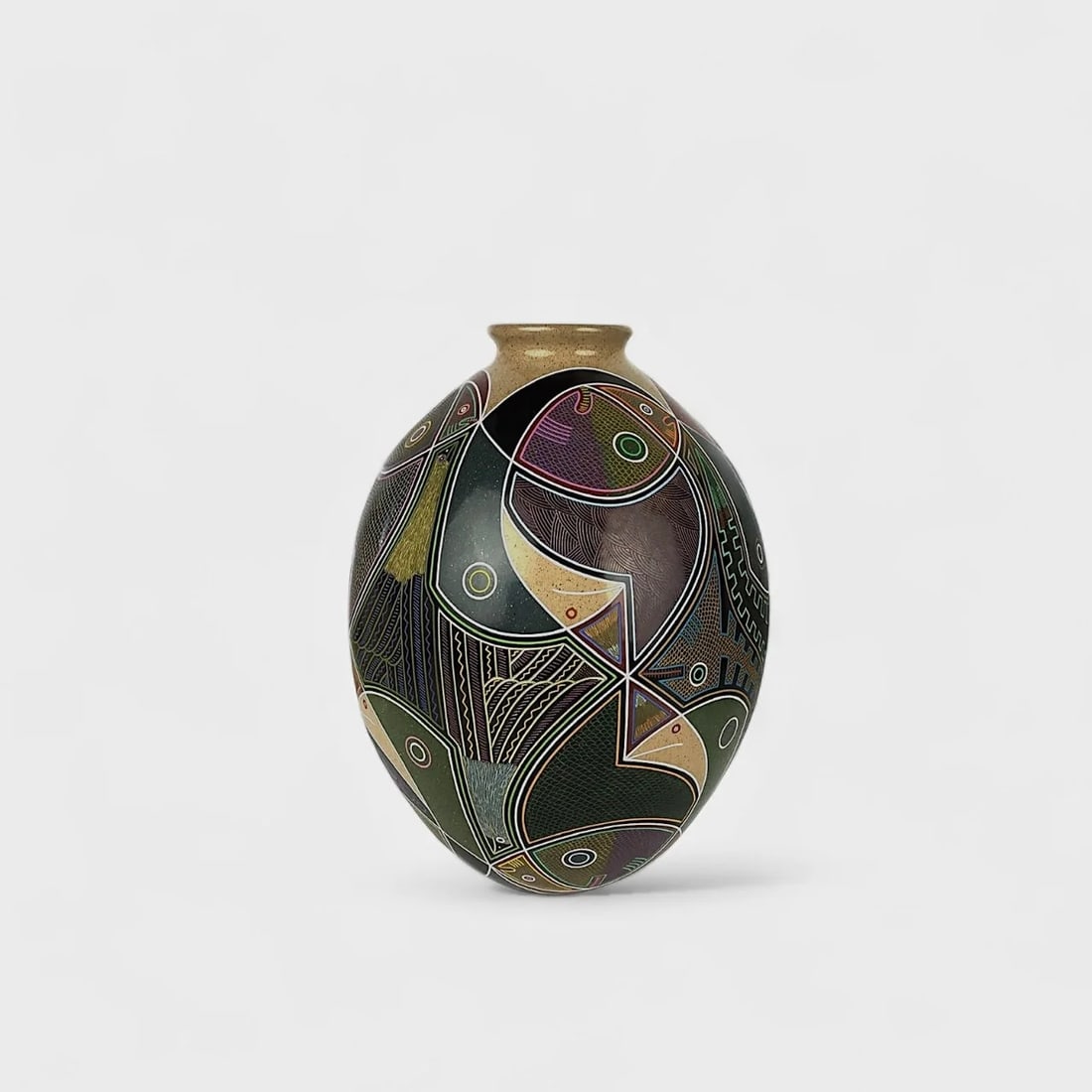 "Geometric Spirit: Parrot and Fish" Hand-coiled Ceramic Vase (1 of 2)