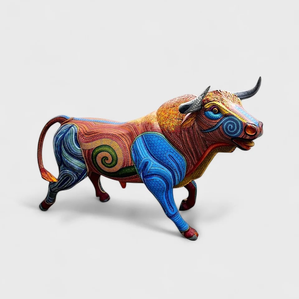 “Guardian of the Herd?? – Copal Wood Bull Sculpture: Jacobo & María ?ngeles "Guardian of the Herd"52" (h) x 75" (l) x 30" (w) Weight not Specified. Hand-carved copal wood: hand-painted with natural pigments. Signed. Certificate of Autheticity. Bold, in