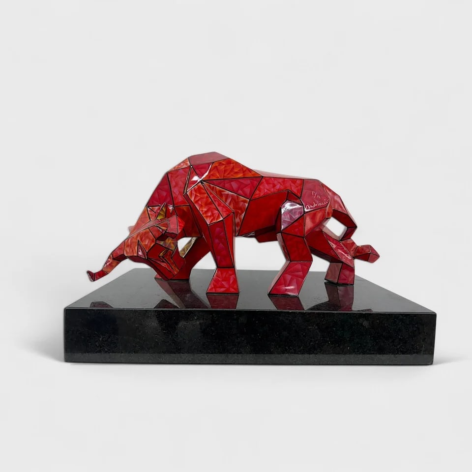“Bull in Motion?? – Bronze Geometric Red Bull Sculpture: Fernando Andriacci"Bull in Motion" - Geometric Red Bull14.5" (h) x 21.5" (l) x 13" (w) Weight not Specified. Bronze Sculpture with red patina, hand-cast. Bold, muscular, and alive with energy, Bull in