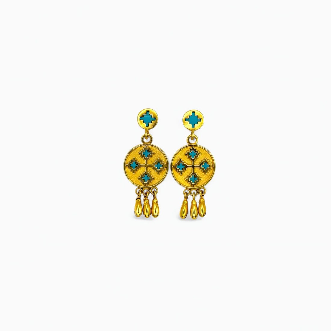 "Crossroads of Light" 14K Gold and Turquoise Earrings: Evoking both sacred geometry and ancestral balance, these radiant earrings feature a circular design adorned with four inlaid turquoise crosses. The top studs mirror the same cross motif, connecting