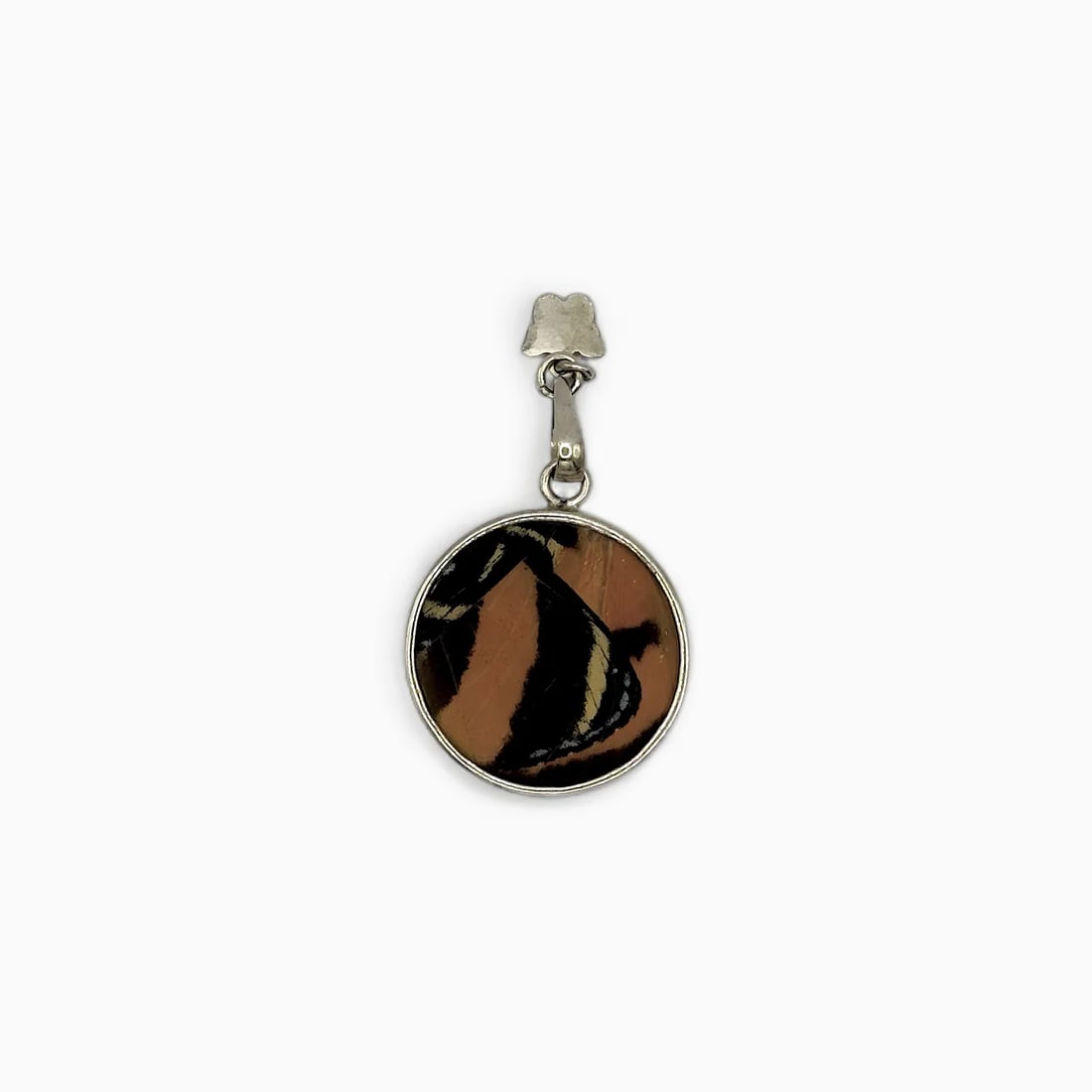 "Tiger Monarch" Small Round Butterfly Wing Jewelry Pendant: This elegant round pendant by Yolanda Ormachea features a dynamic pairing of butterfly wing patterns—one side showcases rich rust and black diagonal bands, while the reverse displays a bold crimson 