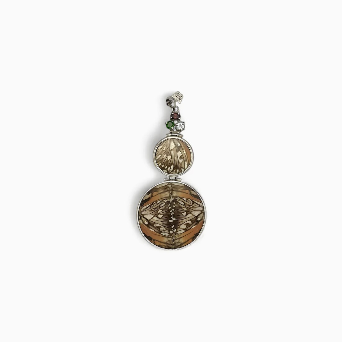 "Monarch Dual Harmony" Double Circle Butterfly Wing Jewelry Pendant: Rich in color and natural geometry, this large pendant showcases the classic beauty of the Monarch butterfly in two striking patterns—one side displaying an intricate mirrored composition in golden 