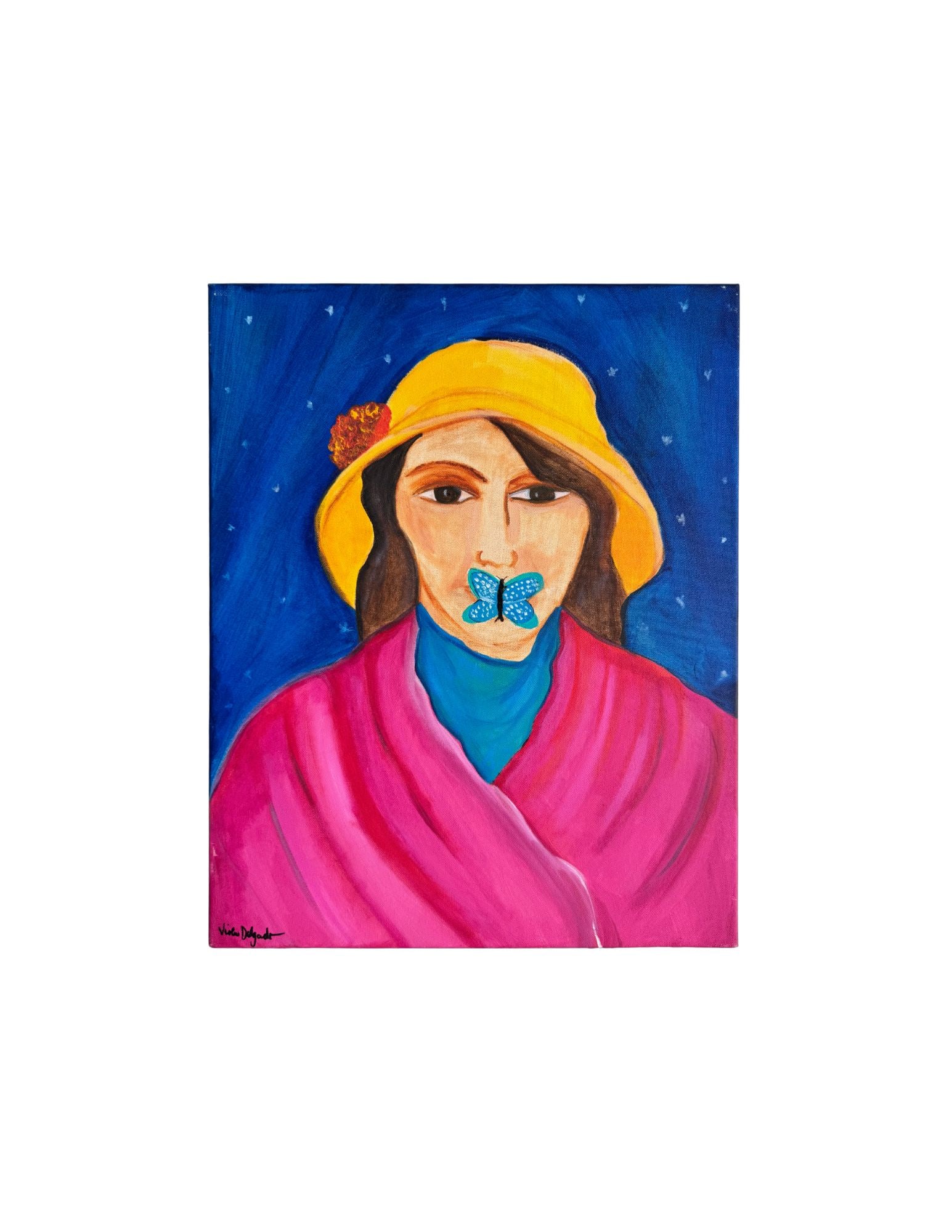 "Young Lady with Yellow Hat" Acrylic Painting: Viola DelgadoYoung Lady with Yellow Hat20" x 16"2024Acrylic on canvas.Signed.