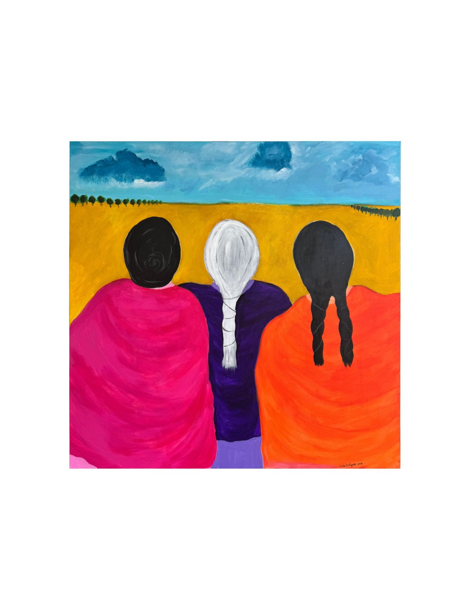 "Three Women" Acrylic Painting: Viola DelgadoThree Women36" x 36"2025Acrylic on Canvas. Signed.
