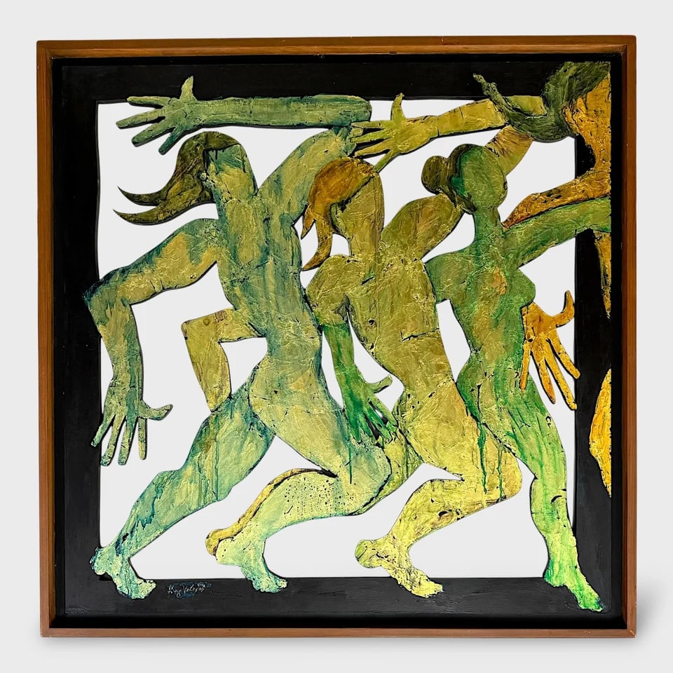 "4 Dancers" - Oil Painting/Mixed Media: Hugo Vélez "4 Dancers" 75" x 52"Mixed Media Painting (Oil) on Metallic Sheet over MDF Panel. Signed. Lively and rhythmic, 4 Dancers by Hugo Vélez captures movement in perfect symmetry. Painted on