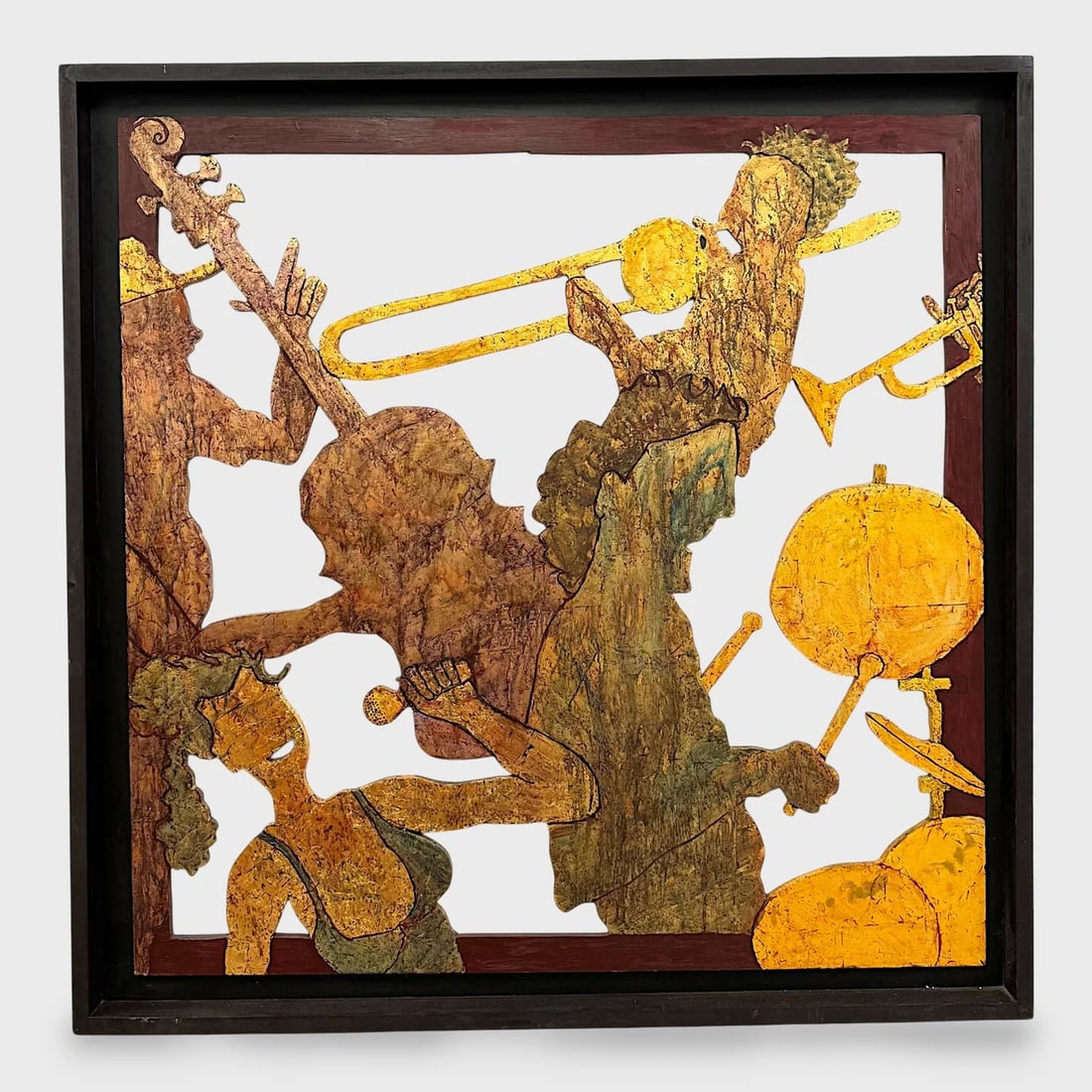 “Jazz Players?? – Oil Painting/Mixed Media: Hugo Vélez "Jazz Players" 75" x 52"Mixed Media Painting (Oil) on Metallic Sheet over MDF Panel. Signed. Vibrant and full of rhythm, Jazz Players by Hugo Vélez brings music to life through movement,