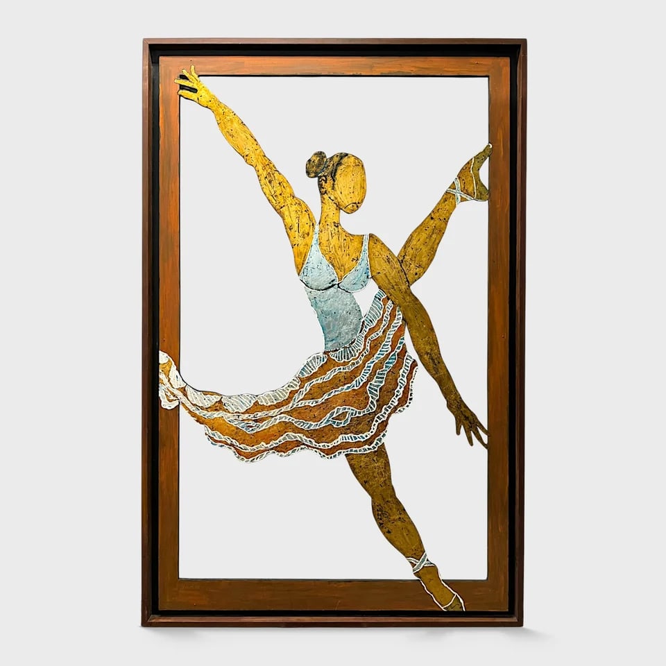 “Ballet Dancer?? – Oil and Gold Leaf Painting: Hugo Vélez "Ballet Dance"81" x 52"Oil on Wood with Gold Leaf. Signed. Poised and radiant, this painting captures a single figure in graceful stillness, rendered in oil on wood with accents of gold