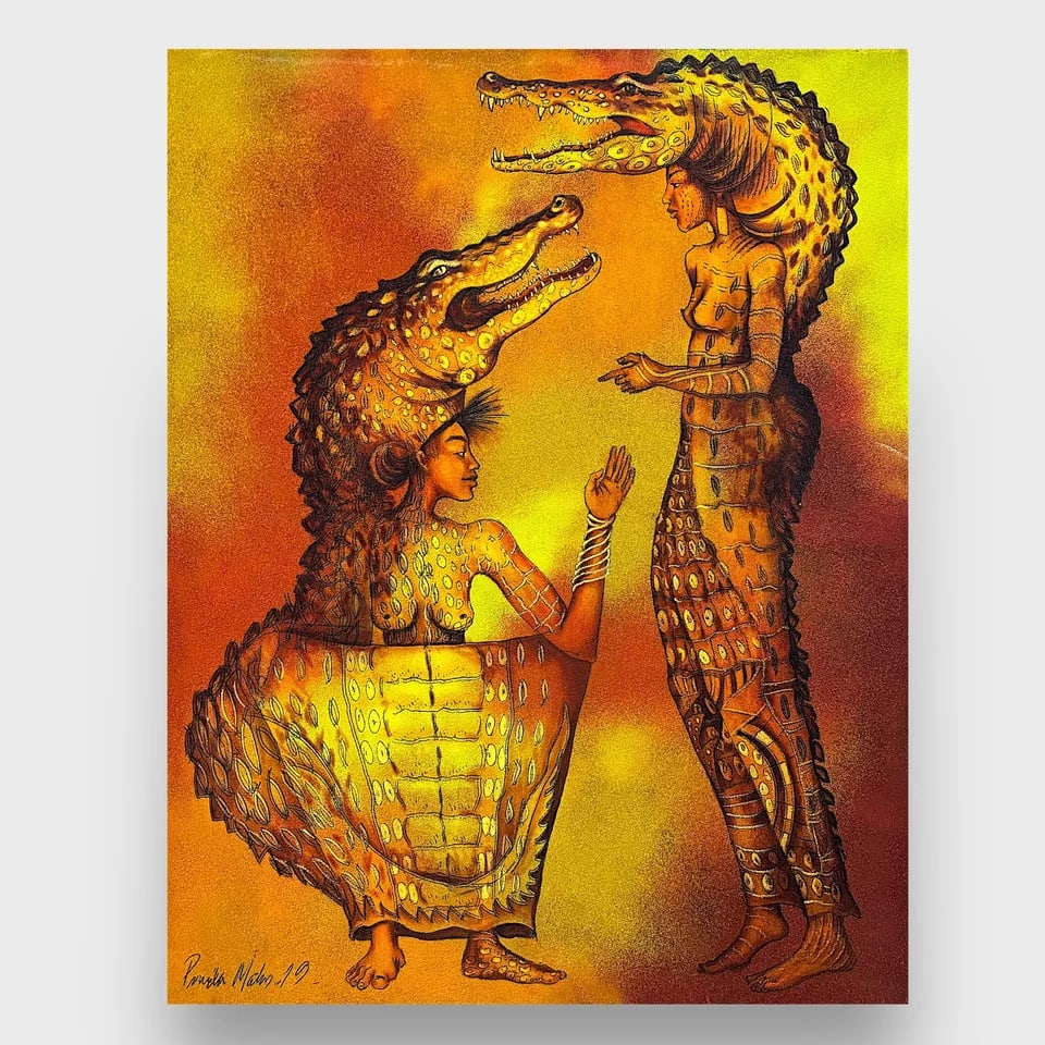 "River Spirits - Las Deidades del Río" Mexican Contemporary Oil Painting: Tomás Pineda Matus "River Spirits" - Las Deidades del RíoFramed: 55" x 44.5"Oil on Canvas. Dated (2019)Flowing with symbolism and mysticism, River Spirits (Las Deidades del Río) is a large-scale oi