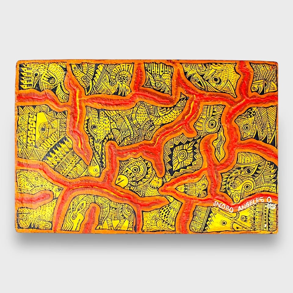 “Zapotec Illusion?? – Acrylic Painting: Jacobo & María ?ngeles "Zapotec Illusion" 11.5" x 17.5" Copal Wood and Acrylic Painting. Dated (2015)Mystical and richly symbolic, Zapotec Illusion is a 2015 painting by master artisans Jacobo & Mar�