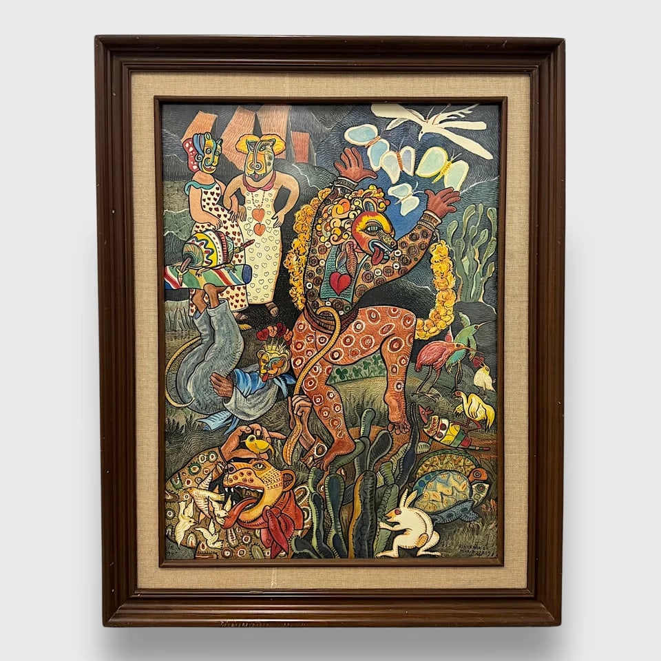 “Butterfly Offering?? – Gouache and Ink Drawing: Francisco Rodrígues Oñate "Butterfly Offering" Framed: 31.5" x 24.75" Drawing / Gouche on Paper Sigend and Dated (1996).Delicate yet full of movement, Butterfly Offering by Francisco Rodríguez