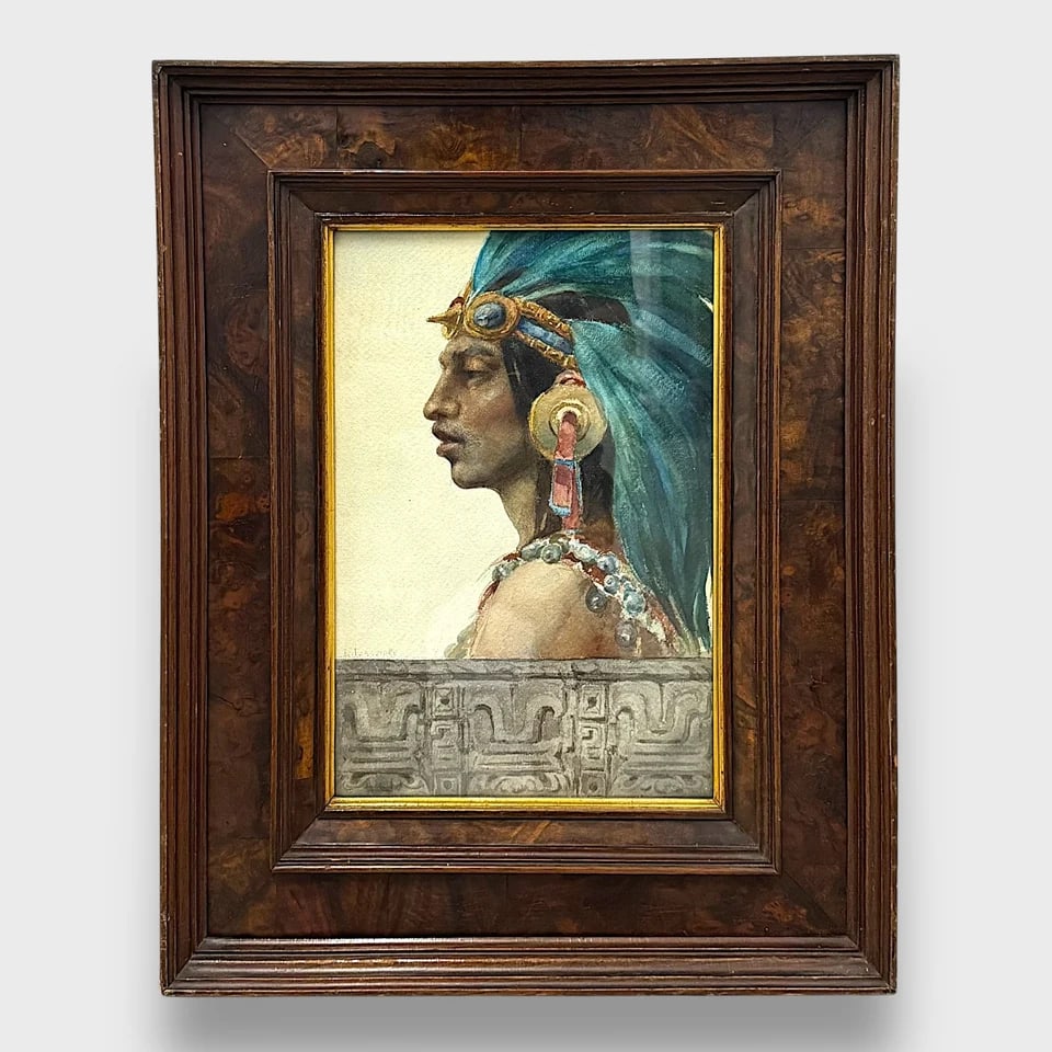 “Perfil de un Noble Indígena?? – Watercolor: Leonardo Izaguirre "Perfil de un Noble Indígena" 22" x 17" Watercolor on PaperSigned. Regal and reverent, Perfil de un Noble Indígena is a late 19th-century watercolor by Leandro Izaguirre,