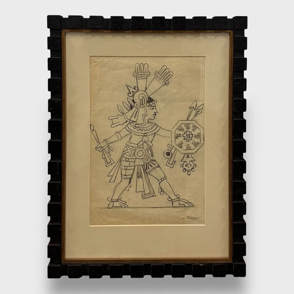 “Aztec Warrior Study?? – Drawing: Roberto Montenegro "Aztec Warrior Study"Artwork Only: 19.5" x 14.75" Grpahite Pencil on PaperSigned and Framed. Bold and historically evocative, this untitled graphite drawing by Roberto Montenegro