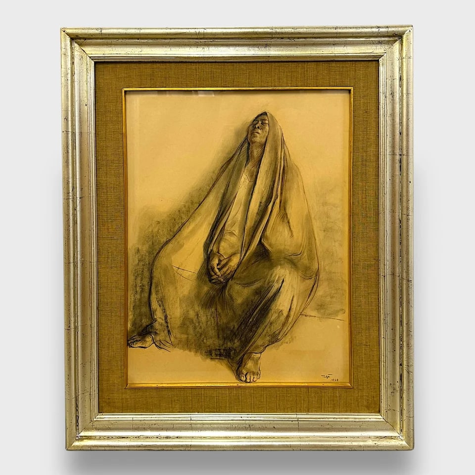 “Figure in Stillness?? – Charcoal Drawing: Francisco Zúñiga "Figure in Stillness" - Untitled Drawing35.5" x 29.5"Conté Charcoal on Paper. Signed and Dated (1968). Rendered with sensitivity and strength, Figure in Stillness is a signed 1968
