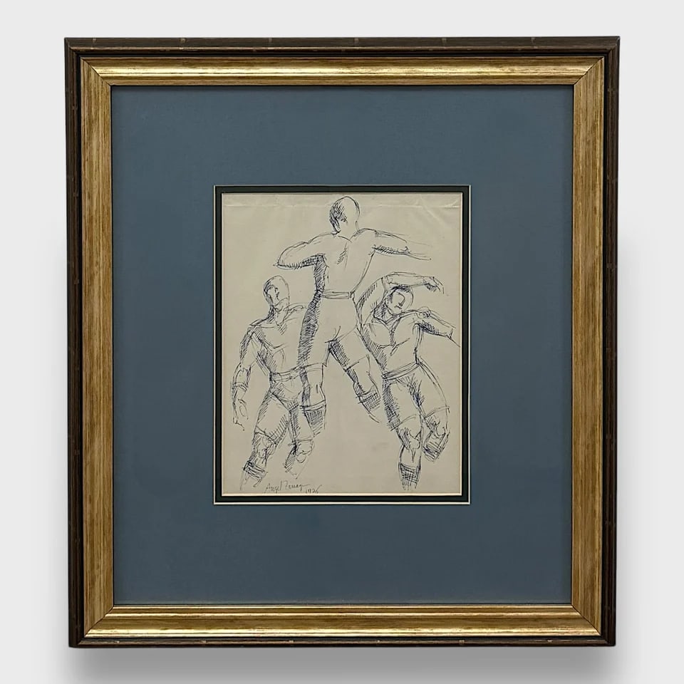 “Momentum in Ink - Heading Soccer Study" Ink Drawing: ?ngel Záarraga "Momentum in Ink" - Heading Soccer Study 20.75" x 18.5" Ink on Paper. Signed and Dated (1926). Energetic and full of motion, Momentum in Ink is a 1926 study by ?ngel Zárraga — one