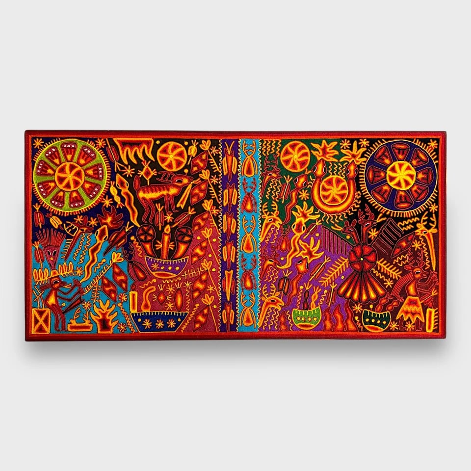 "Ceremony of Gratitude" Mexican Huichol: UnknownCeremony of Gratitude 24" x 48"Yard on Wooden BoardA visual tapestry of prayer, memory, and cosmology, Ceremony of Gratitude is a monumental Huichol yarn painting that radiates spiritual