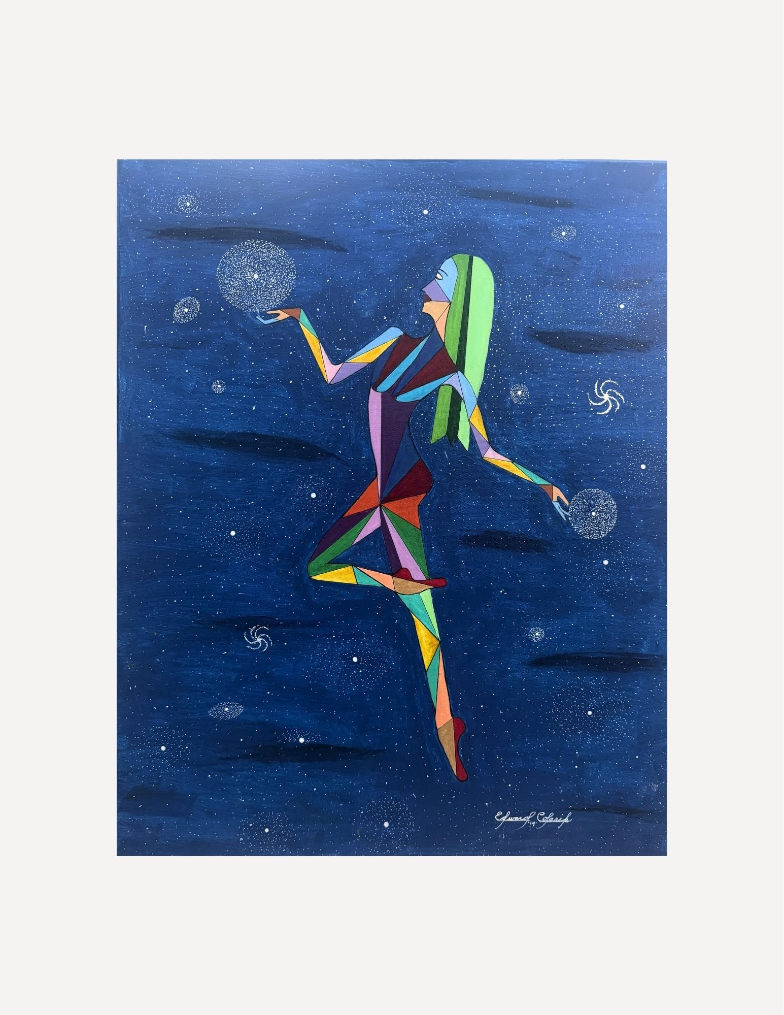 Edward Colarik Oil Painting: Edward ColarikBalancing the Cosmos30" x 24"Oil on CanvasAbout the ArtistEdward Colarik was a Dallas-based multimedia artist, sculptor, designer, and producer whose career spanned more than five