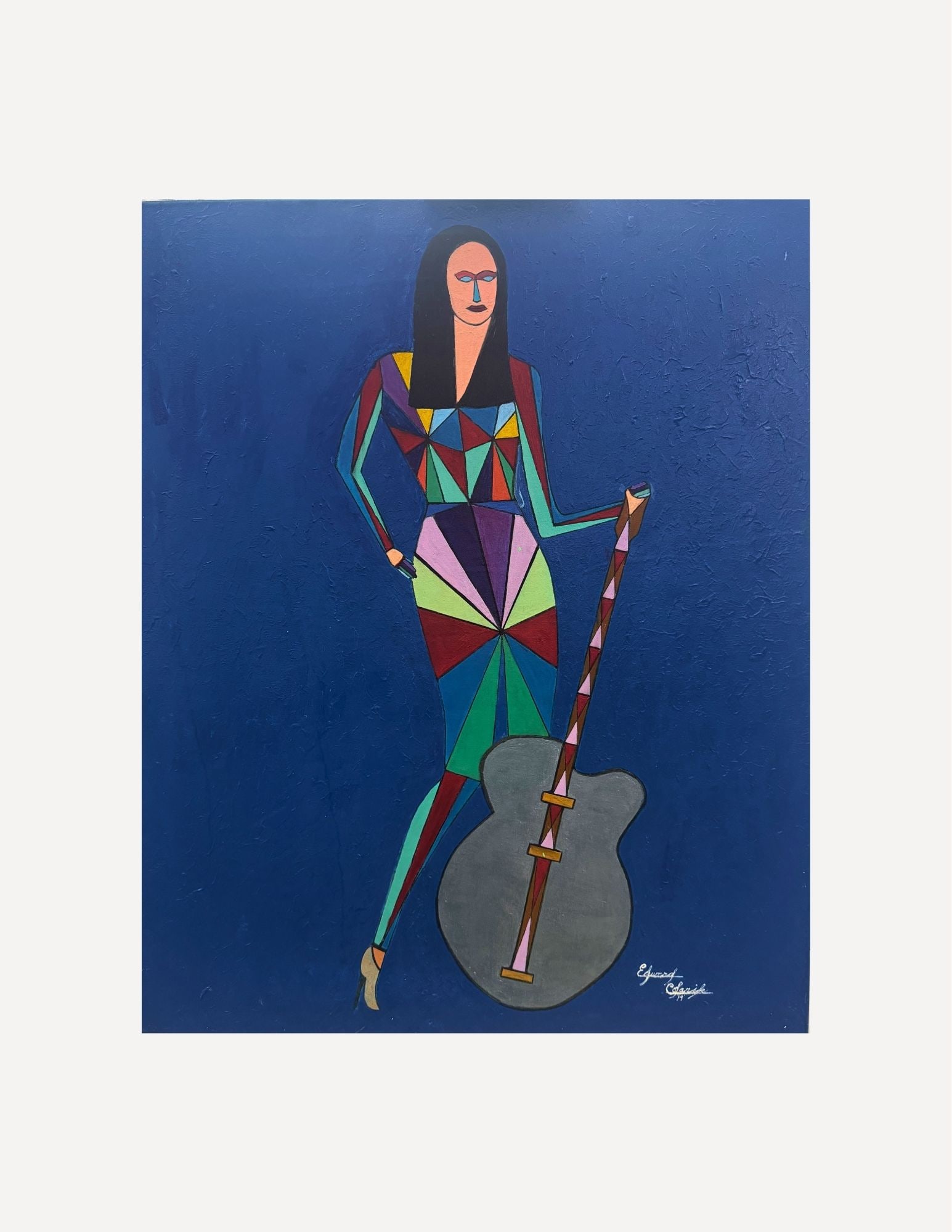 Edward Colarik Oil Painting: Edward ColarikBlue Triangle Lady with Guitar36" x 26"Oil on CanvasAbout the ArtistEdward Colarik was a Dallas-based multimedia artist, sculptor, designer, and producer whose career spanned more than