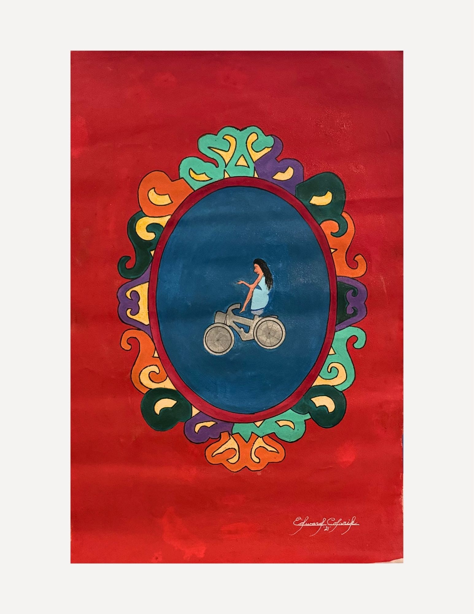 Edward Colarik Oil Painting: Edward ColarikGirl on Bike20" x 30"Oil on CanvasAbout the ArtistEdward Colarik was a Dallas-based multimedia artist, sculptor, designer, and producer whose career spanned more than five decades. Worki